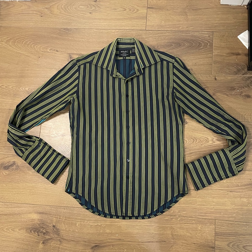 MAAC Limited Edition 3 of 100 Button Up Striped Dress Shirt Yellow Blue Black S